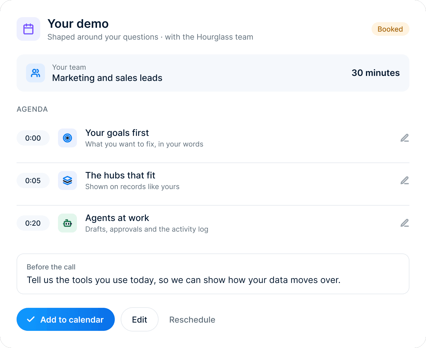 A booked demo for marketing and sales leads, about half an hour: your goals first, the hubs that fit, then agents at work, with a note to share the tools you use today.
