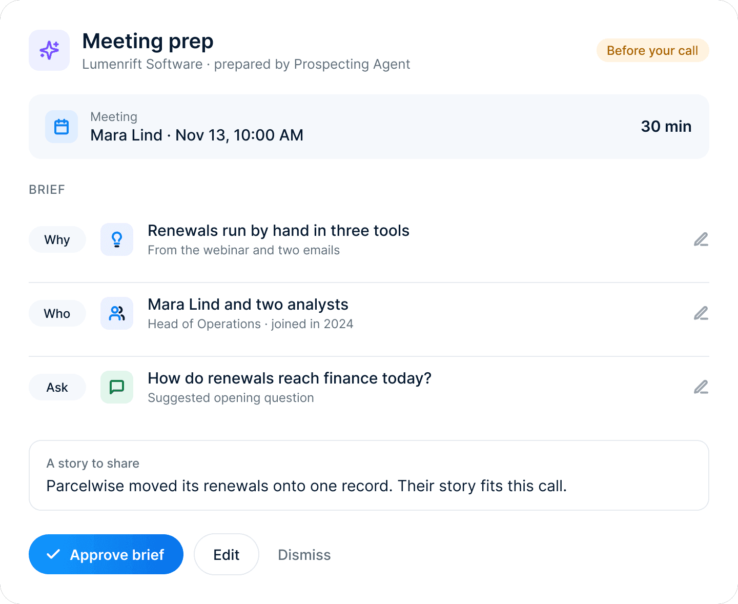 A meeting prep brief from the Prospecting Agent for a call with Lumenrift Software: why now, who will be there and what to ask.