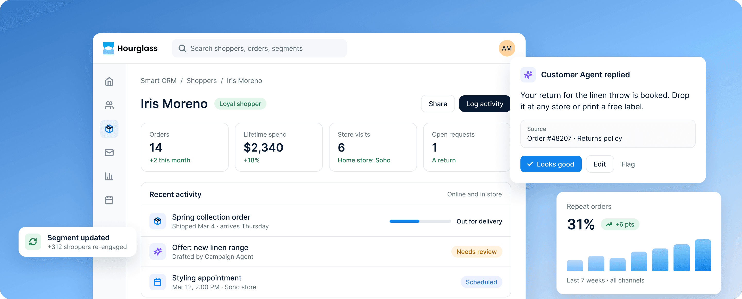 A shopper's record with online and in-store orders, $2,340 lifetime spend and her home store, beside a Customer Agent reply booking a return.