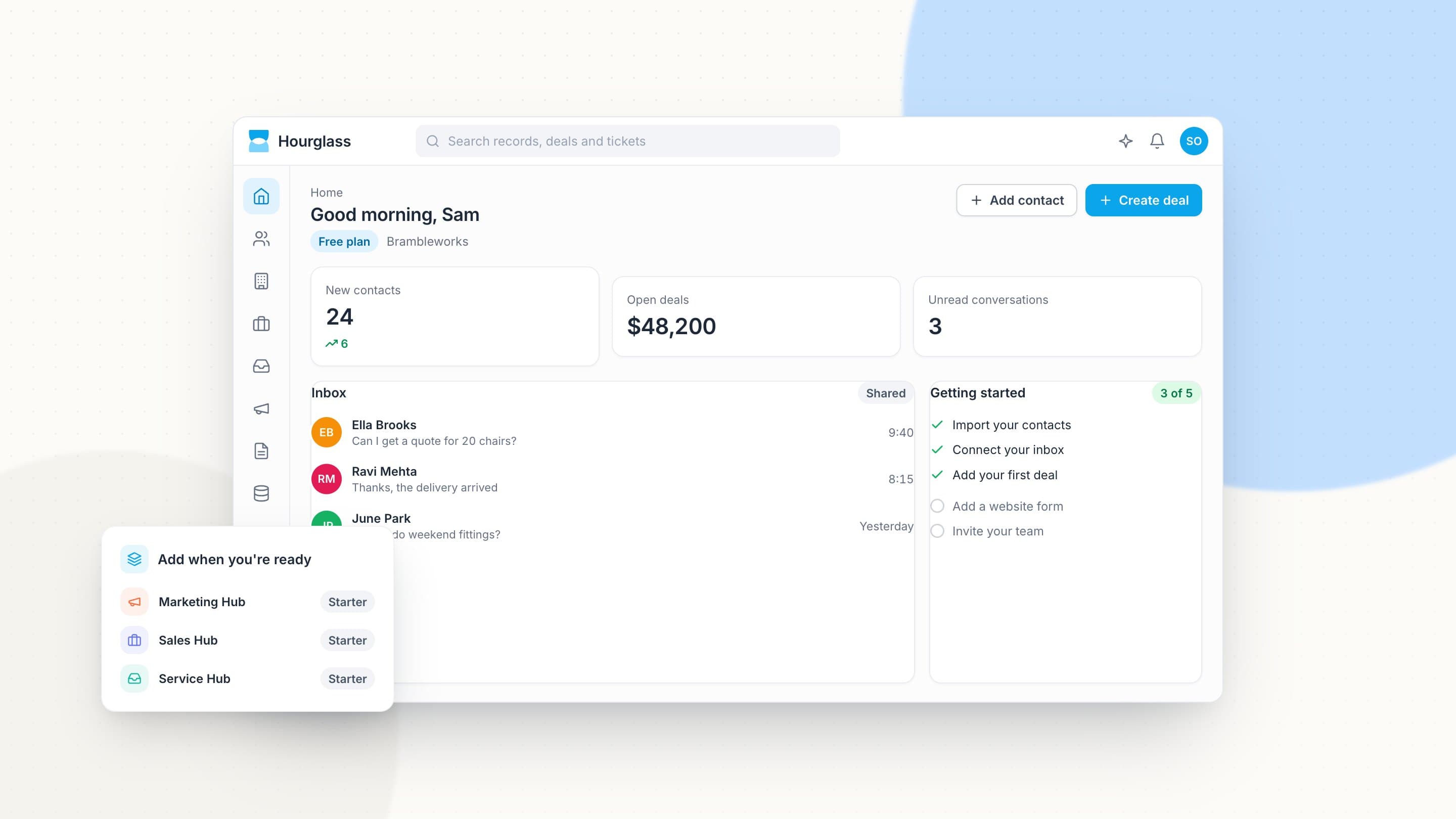 Hourglass's free Smart CRM for a small business: contacts, deals and inbox, with a getting-started checklist
