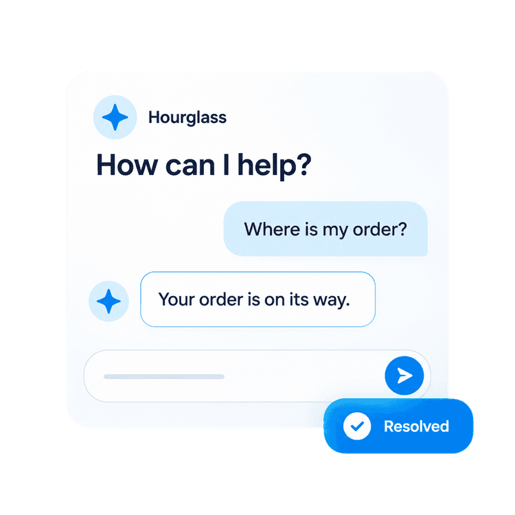 Blue product illustration of Hourglass Customer Agent answering a customer's delivery question and resolving the conversation.