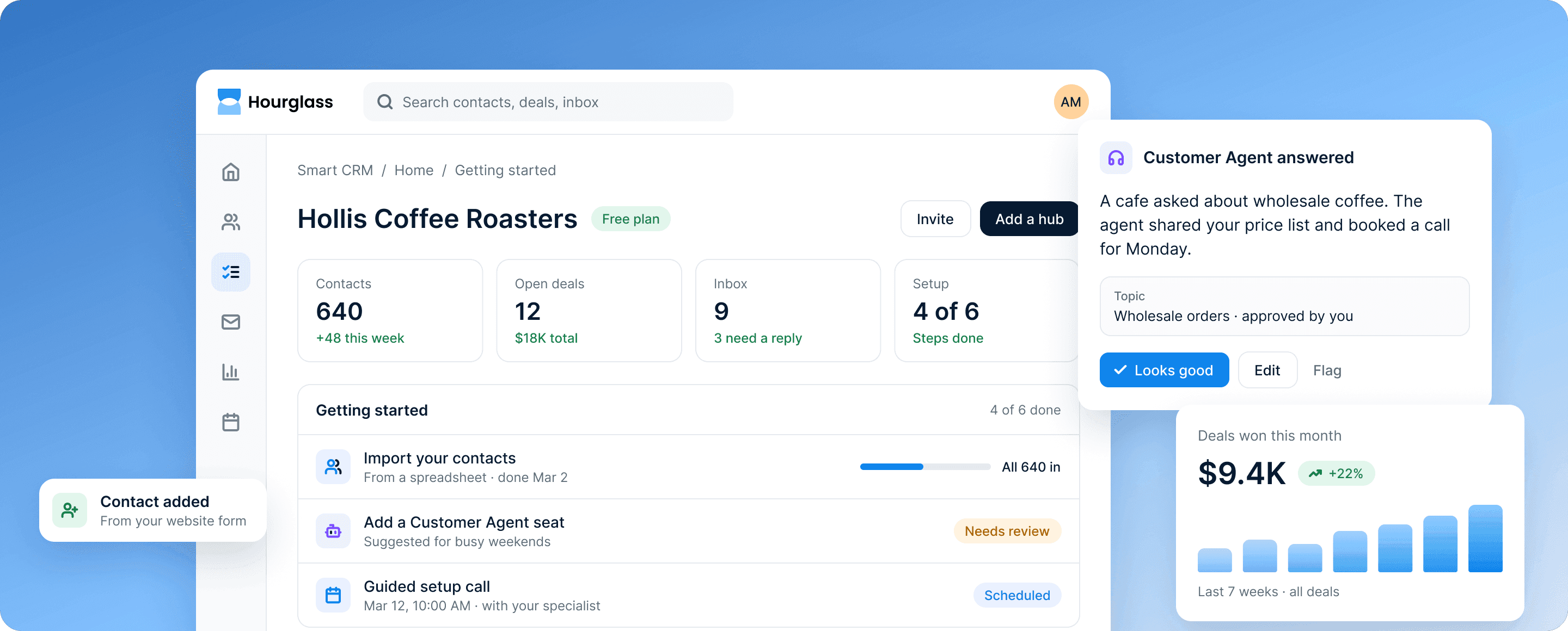 A small coffee roaster's free Smart CRM: 640 contacts, 12 open deals and a getting-started checklist, beside a Customer Agent answer about wholesale orders.
