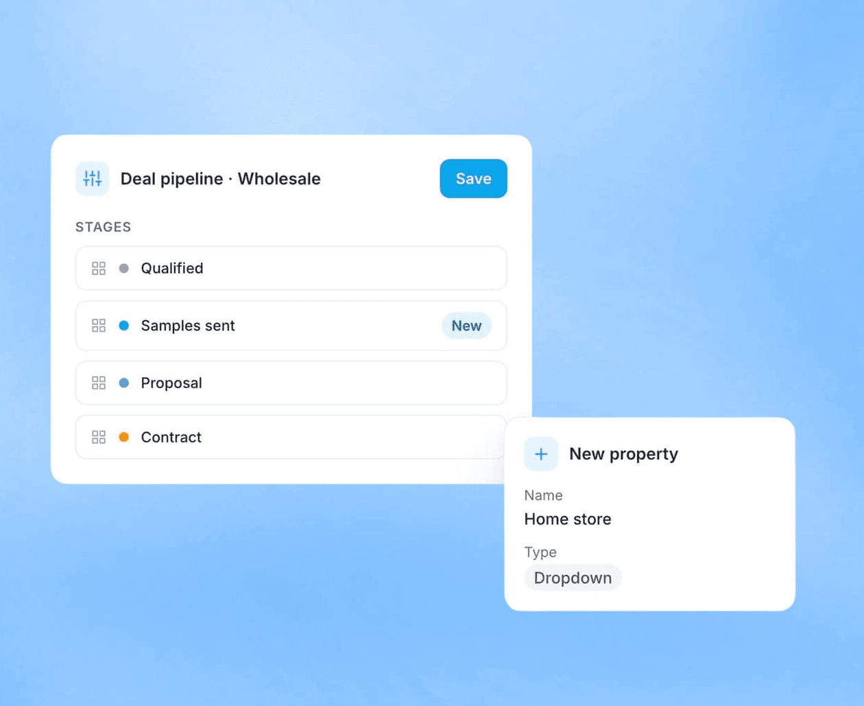 A wholesale deal pipeline with the stages Qualified, Samples sent (new), Proposal and Contract, beside a new Home store dropdown property being added without code.