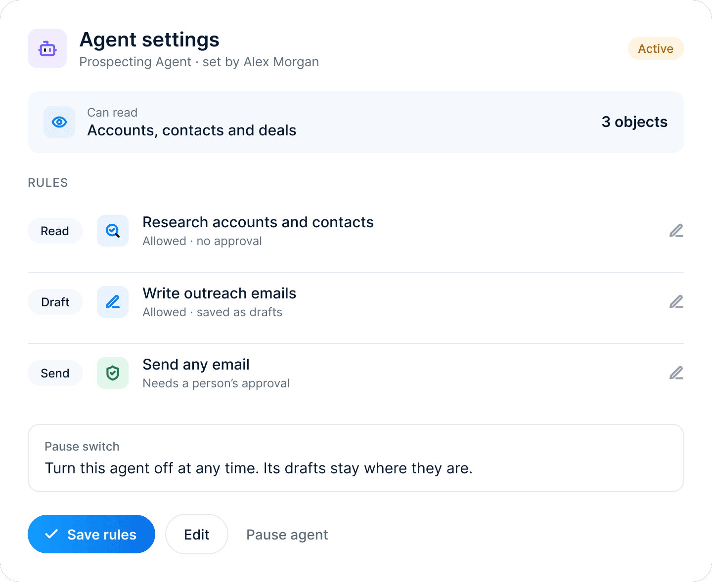 Agent settings for the Prospecting Agent: research allowed, drafts allowed and every send waiting for a person's approval, with a Pause agent button.